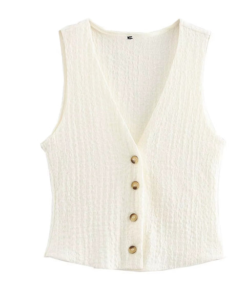 New V-Neck Single Breasted Solid Texture Casual Vest Top + Fashion High-Waisted Wide Leg Pant Set CODE: KAR3626