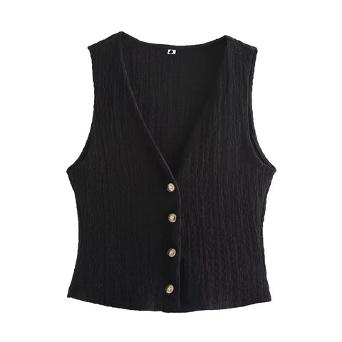 New V-Neck Single Breasted Solid Texture Casual Vest Top + Fashion High-Waisted Wide Leg Pant Set CODE: KAR3626