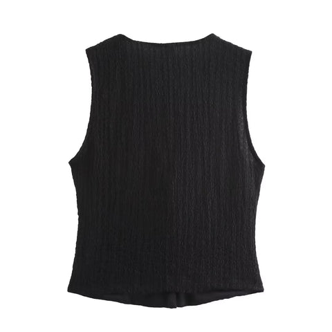 New V-Neck Single Breasted Solid Texture Casual Vest Top + Fashion High-Waisted Wide Leg Pant Set CODE: KAR3626