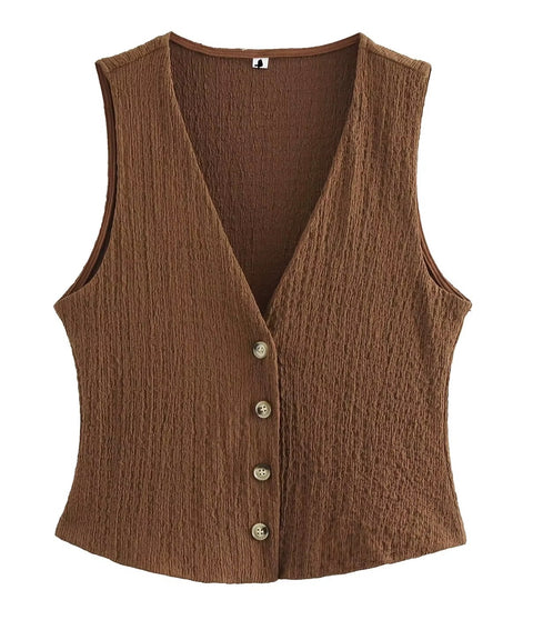 New V-Neck Single Breasted Solid Texture Casual Vest Top + Fashion High-Waisted Wide Leg Pant Set CODE: KAR3626