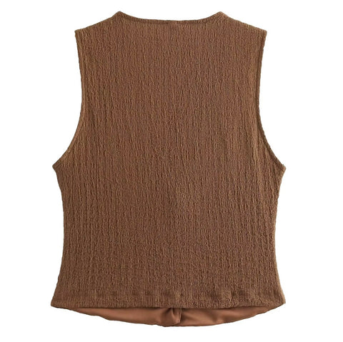New V-Neck Single Breasted Solid Texture Casual Vest Top + Fashion High-Waisted Wide Leg Pant Set CODE: KAR3626
