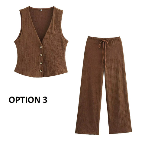 New V-Neck Single Breasted Solid Texture Casual Vest Top + Fashion High-Waisted Wide Leg Pant Set CODE: KAR3626