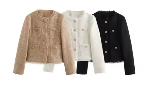 Autumn Fashion New Tweed Basic Long Sleeve Front Button Short Coat CODE: KAR3631