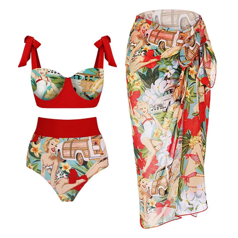 New Double -sided Wear Print Beachwear Monokini Swimwear 3 Piece Set CODE: KAR3637