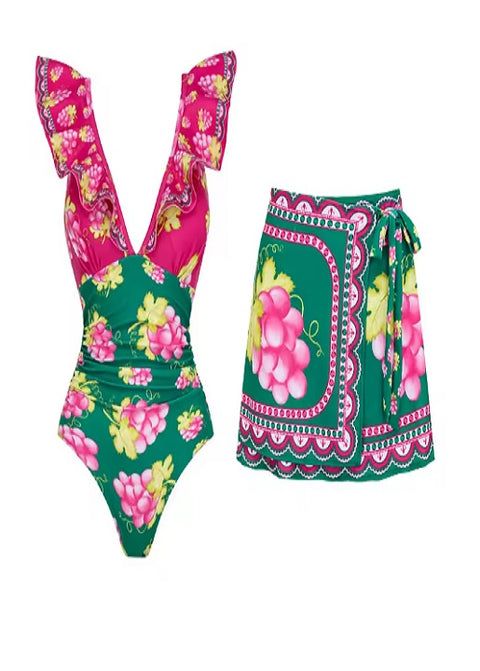 New Flower Cut Out, V Neck One Piece Swimsuit with Beach Skirt CODE: KAR3638