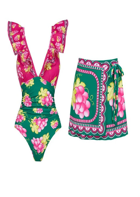 New Flower Cut Out, V Neck One Piece Swimsuit with Beach Skirt CODE: KAR3638