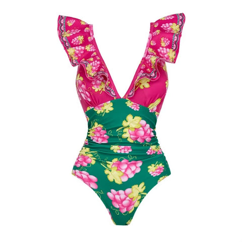New Flower Cut Out, V Neck One Piece Swimsuit with Beach Skirt CODE: KAR3638