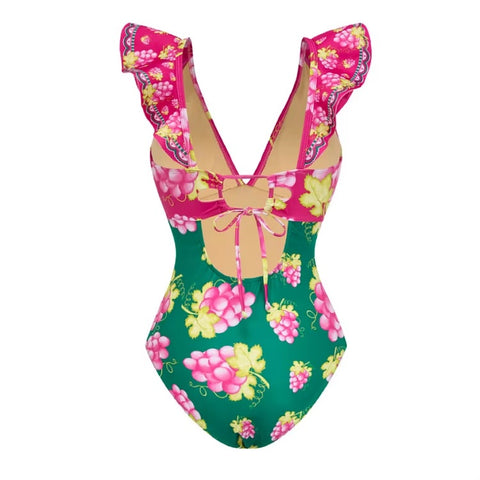 New Flower Cut Out, V Neck One Piece Swimsuit with Beach Skirt CODE: KAR3638