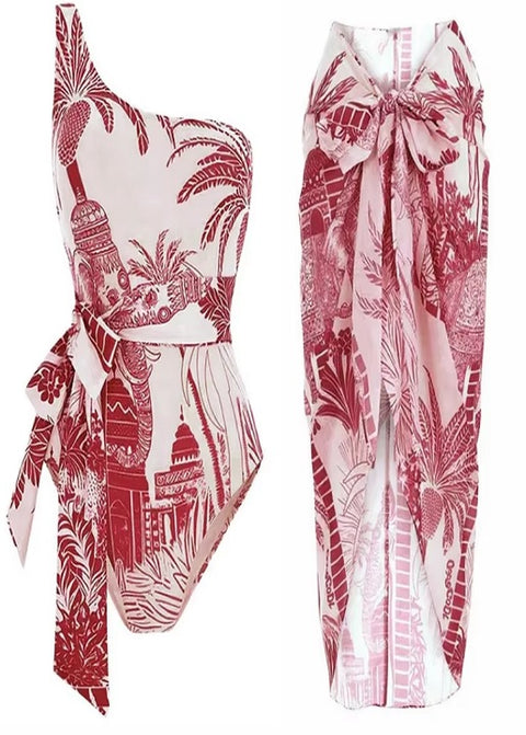 New Single Shoulder Strap Coconut Tree Print One-piece Swimsuit Set CODE: KAR3640
