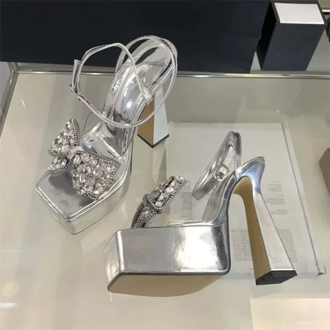 Luxury Rhinestone Transparent Open Toe Summer Fashion Slingback Party Crystal Bow High Heels Sandals CODE: KAR3641