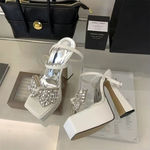 Luxury Rhinestone Transparent Open Toe Summer Fashion Slingback Party Crystal Bow High Heels Sandals CODE: KAR3641
