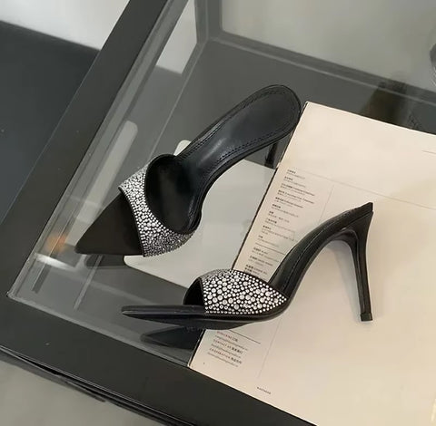 Summer New Designer Sexy Rhineston Pointed Toe Thin Heel Mules Sandals CODE: KAR3643