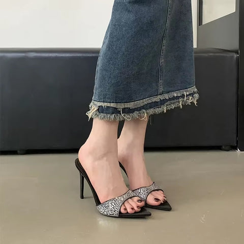 New Rhineston Pointed Toe Thin Heel Mules Sandals SIZE: 35 CODE: READY1475