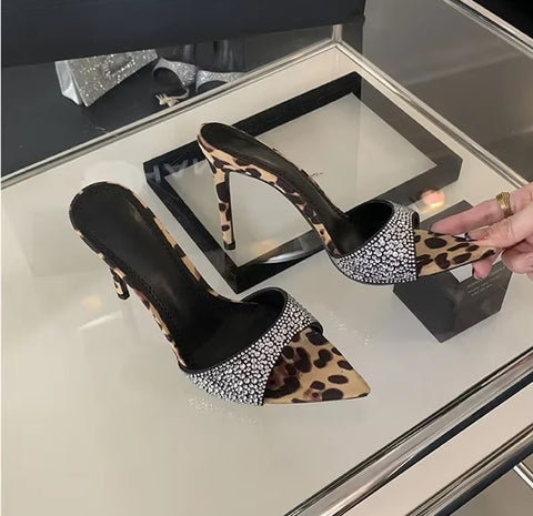 Summer New Designer Sexy Rhineston Pointed Toe Thin Heel Mules Sandals CODE: KAR3643