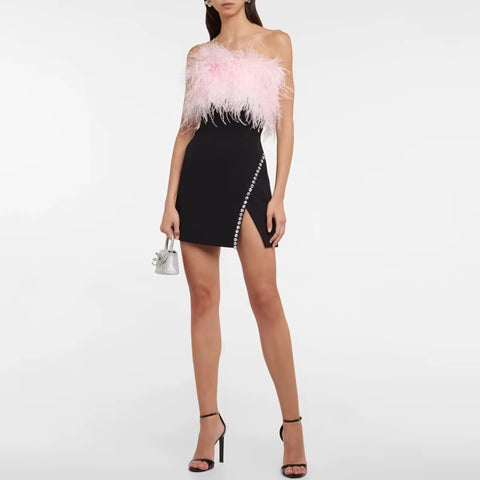 New Fashion Sexy Strapless Feather Crystal Patchwork Sleeveless Bandage Party Club Bodycon Slit Mini Dress CODE: KAR3644