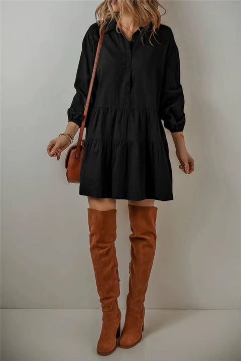 New Fashion Casual Loose Button Long Sleeve Ruffles Patchwork Elegant Autumn Solid Mini Short Dresses CODE: KAR3646