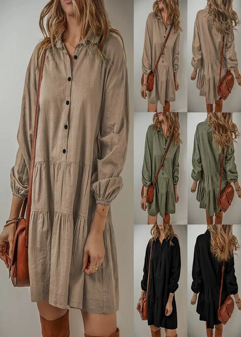 New Fashion Casual Loose Button Long Sleeve Ruffles Patchwork Elegant Autumn Solid Mini Short Dresses CODE: KAR3646