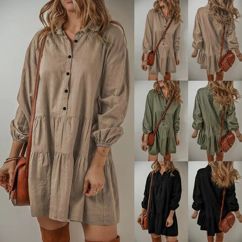 New Fashion Casual Loose Button Long Sleeve Ruffles Patchwork Elegant Autumn Solid Mini Short Dresses CODE: KAR3646