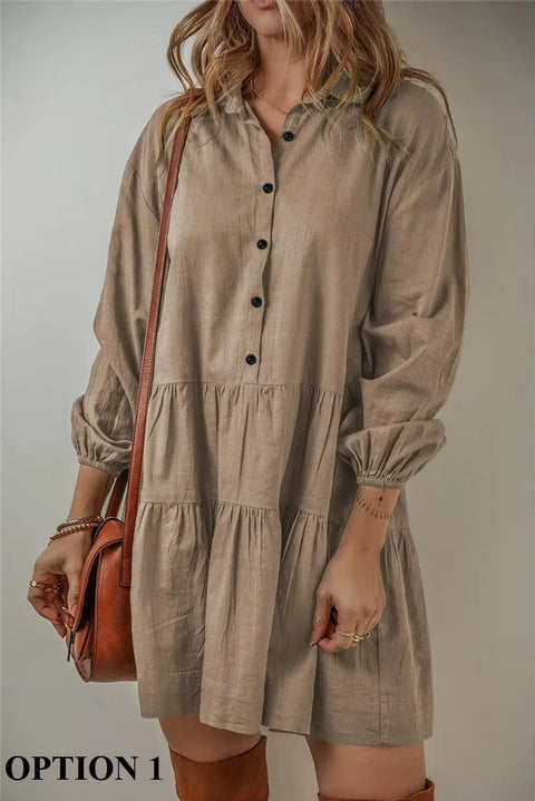 New Fashion Casual Loose Button Long Sleeve Ruffles Patchwork Elegant Autumn Solid Mini Short Dresses CODE: KAR3646