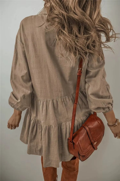 New Fashion Casual Loose Button Long Sleeve Ruffles Patchwork Elegant Autumn Solid Mini Short Dresses CODE: KAR3646
