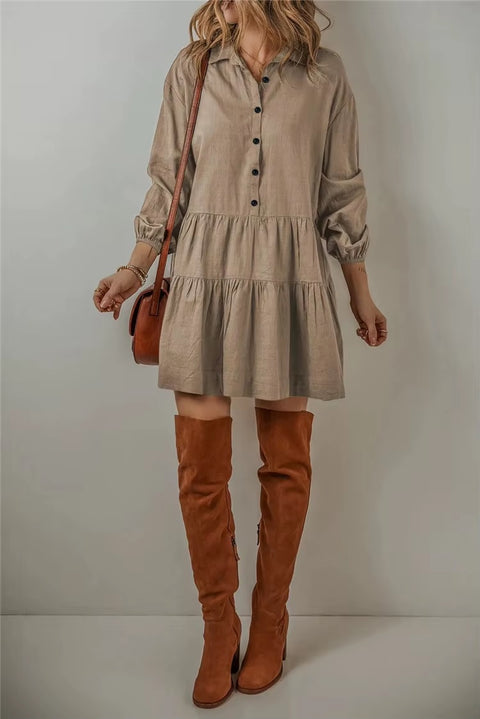 New Fashion Casual Loose Button Long Sleeve Ruffles Patchwork Elegant Autumn Solid Mini Short Dresses CODE: KAR3646