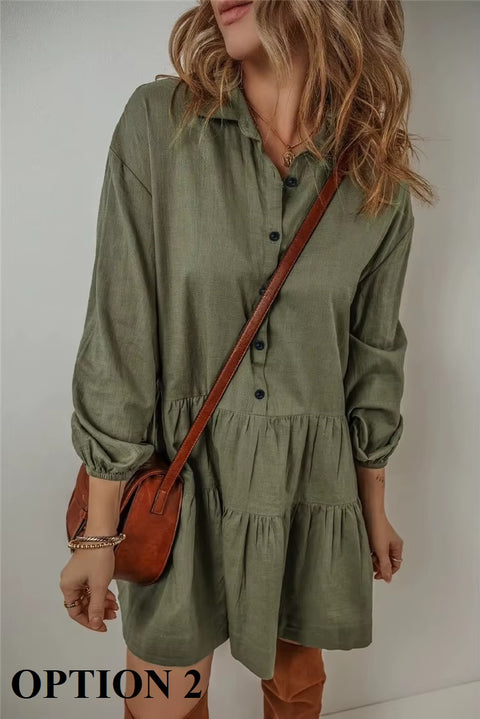 New Fashion Casual Loose Button Long Sleeve Ruffles Patchwork Elegant Autumn Solid Mini Short Dresses CODE: KAR3646