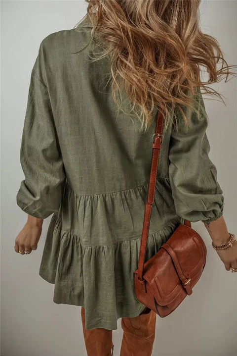 New Fashion Casual Loose Button Long Sleeve Ruffles Patchwork Elegant Autumn Solid Mini Short Dresses CODE: KAR3646