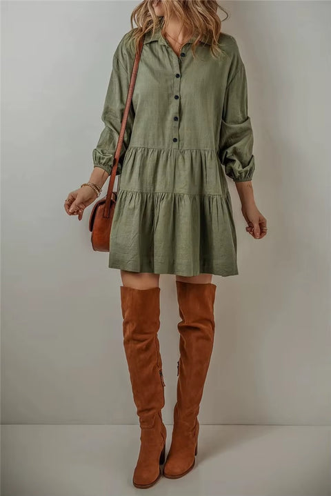 New Fashion Casual Loose Button Long Sleeve Ruffles Patchwork Elegant Autumn Solid Mini Short Dresses CODE: KAR3646