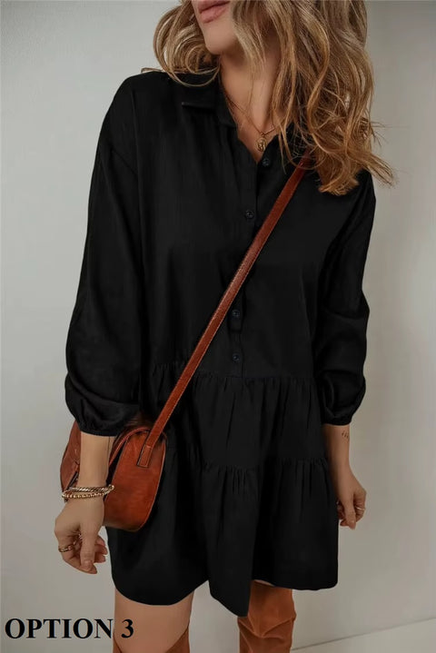 New Fashion Casual Loose Button Long Sleeve Ruffles Patchwork Elegant Autumn Solid Mini Short Dresses CODE: KAR3646