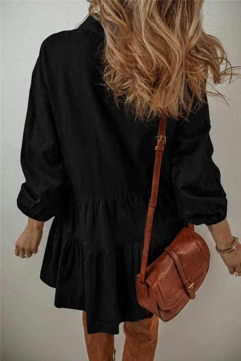 New Fashion Casual Loose Button Long Sleeve Ruffles Patchwork Elegant Autumn Solid Mini Short Dresses CODE: KAR3646