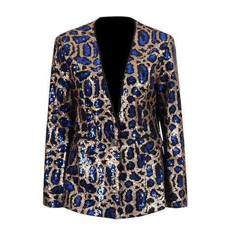 New Spring Sexy V-neck Leopard Print Sequin Loose Single Button Long Sleeved Jacket CODE: KAR3649