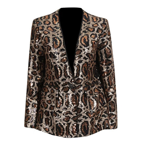 New Spring Sexy V-neck Leopard Print Sequin Loose Single Button Long Sleeved Jacket CODE: KAR3649