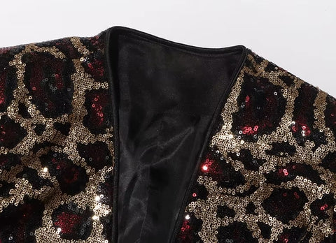 New Spring Sexy V-neck Leopard Print Sequin Loose Single Button Long Sleeved Jacket CODE: KAR3649