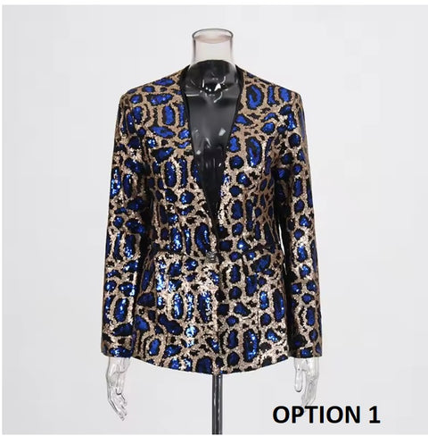 New Spring Sexy V-neck Leopard Print Sequin Loose Single Button Long Sleeved Jacket CODE: KAR3649