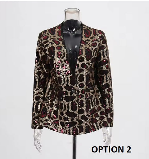 New Spring Sexy V-neck Leopard Print Sequin Loose Single Button Long Sleeved Jacket CODE: KAR3649