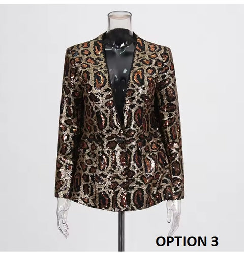 New Spring Sexy V-neck Leopard Print Sequin Loose Single Button Long Sleeved Jacket CODE: KAR3649