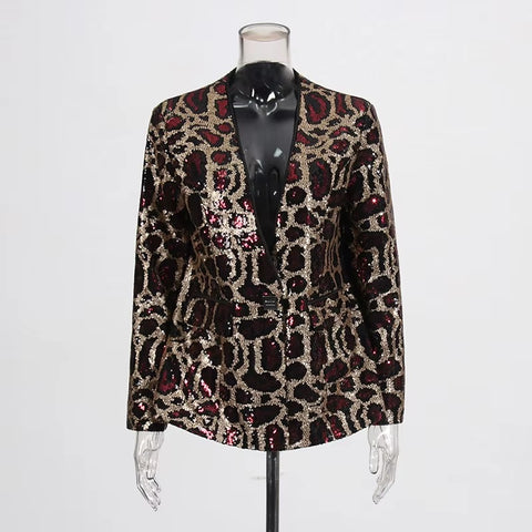 New Spring Sexy V-neck Leopard Print Sequin Loose Single Button Long Sleeved Jacket CODE: KAR3649