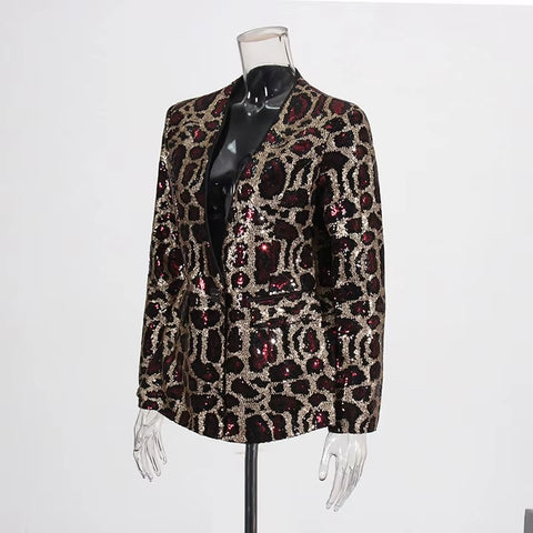 New Spring Sexy V-neck Leopard Print Sequin Loose Single Button Long Sleeved Jacket CODE: KAR3649