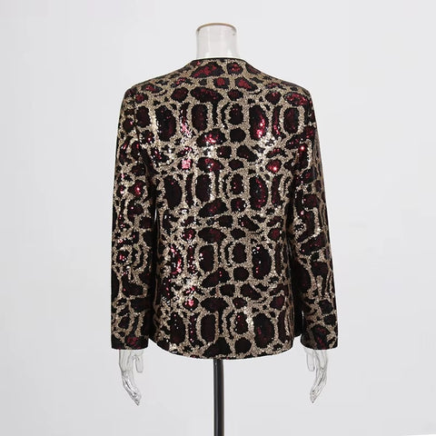 New Spring Sexy V-neck Leopard Print Sequin Loose Single Button Long Sleeved Jacket CODE: KAR3649
