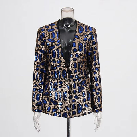 New Spring Sexy V-neck Leopard Print Sequin Loose Single Button Long Sleeved Jacket CODE: KAR3649