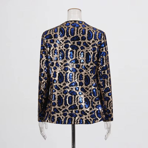 New Spring Sexy V-neck Leopard Print Sequin Loose Single Button Long Sleeved Jacket CODE: KAR3649