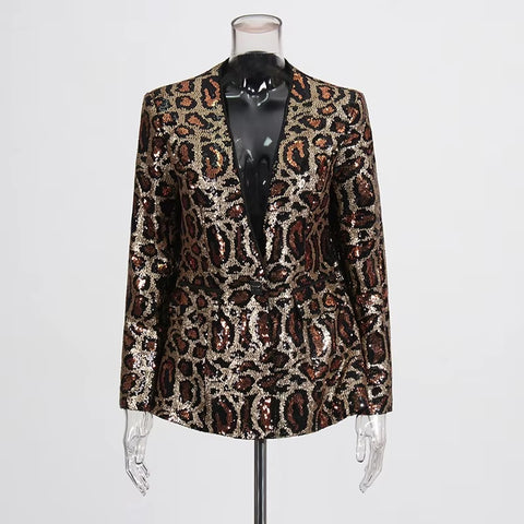 New Spring Sexy V-neck Leopard Print Sequin Loose Single Button Long Sleeved Jacket CODE: KAR3649