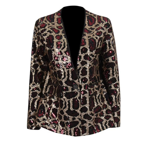 New Spring Sexy V-neck Leopard Print Sequin Loose Single Button Long Sleeved Jacket CODE: KAR3649
