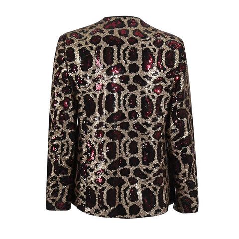 New Spring Sexy V-neck Leopard Print Sequin Loose Single Button Long Sleeved Jacket CODE: KAR3649