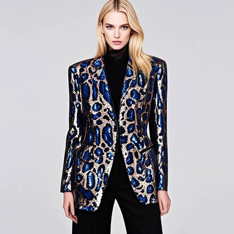 New Spring Sexy V-neck Leopard Print Sequin Loose Single Button Long Sleeved Jacket CODE: KAR3649