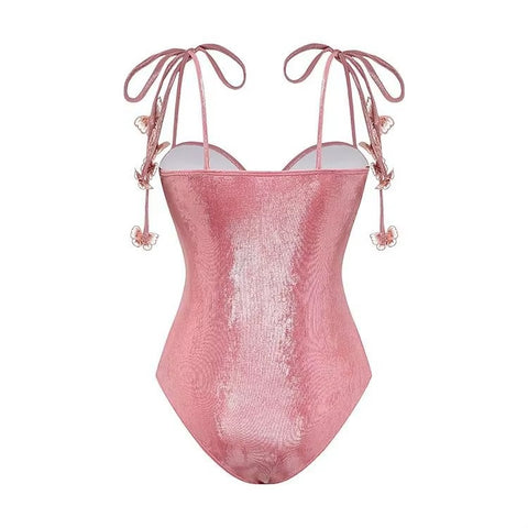 New Glossy One Shoulder 3D Flower Shiny One Piece Swimsuit and Skirt CODE: KAR3651