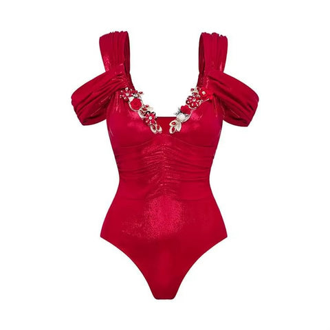 New Glossy One Shoulder 3D Flower Shiny One Piece Swimsuit and Skirt CODE: KAR3651