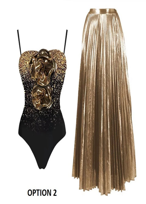 New Glossy One Shoulder 3D Flower Shiny One Piece Swimsuit and Skirt CODE: KAR3651
