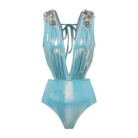 New Glossy One Shoulder 3D Flower Shiny One Piece Swimsuit and Skirt CODE: KAR3651