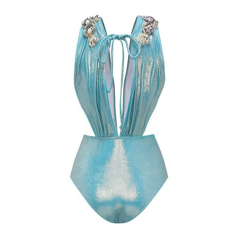New Glossy One Shoulder 3D Flower Shiny One Piece Swimsuit and Skirt CODE: KAR3651